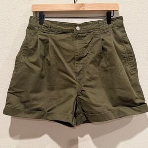 BILL BLASS Women Shorts Size 12 Olive Green Pleated Chino High Waist Vintage 90s